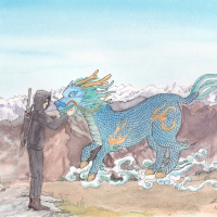 Xiaoge stroking a Qilin in the mountains